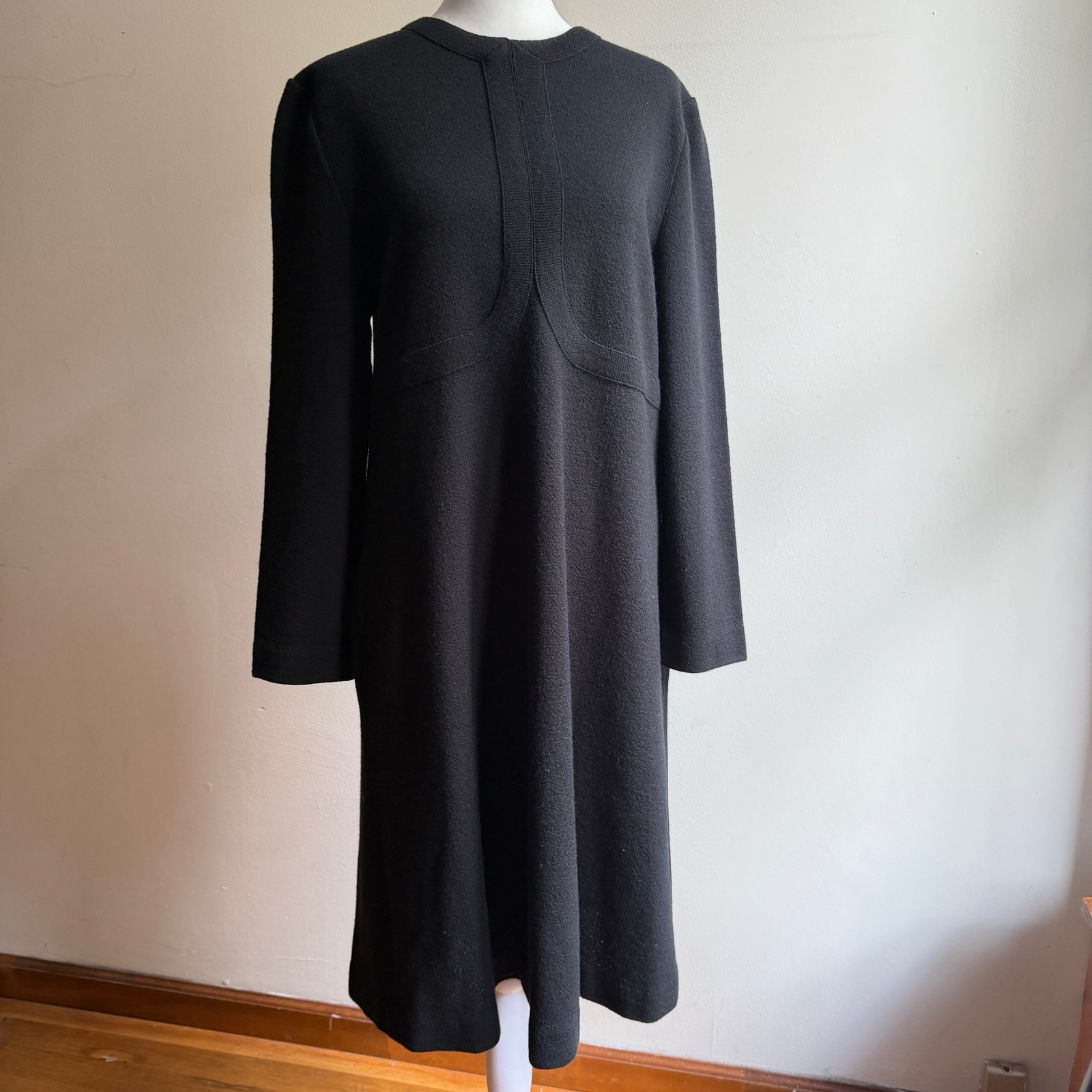 Vintage 70s Leslie Fay Ilgwu Black Wool Blend Long Sleeve Midi Dress Size 10